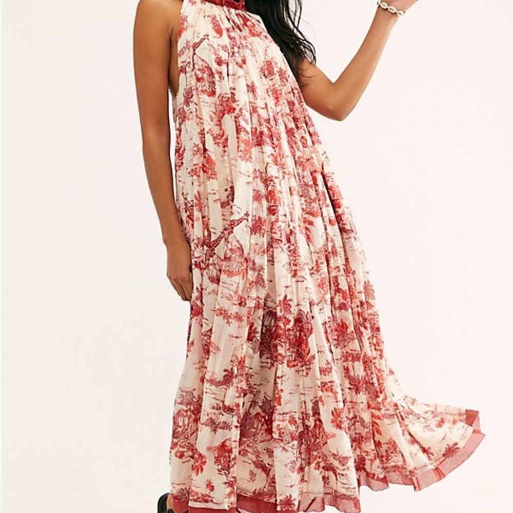 Free People Pink and Red Ruffled Halter Maxi Dress